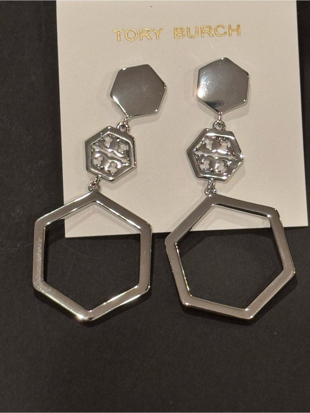 NWT Tory Burch Silver Geometric Hexagon Logo Drop Statement Earrings 2.5”
